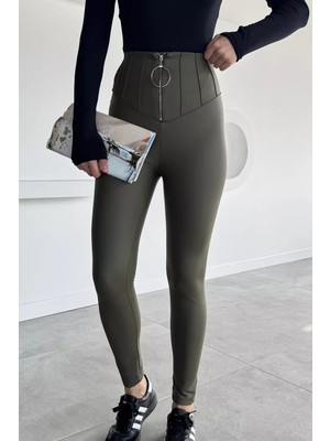 Kadın Yüksek Bel Şardonlu Fermuar Detaylı Suni Deri Tayt P-00013636