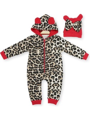Fittili Leopar Desenli Şapkalı Tulum - Kırmızı - 0 - 3 Ay Kırmızı