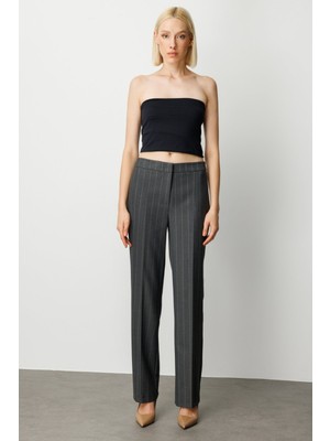Ekol Kadın Çizgili Bol Paça Pantolon 5129 Antrasit