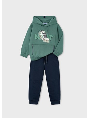 Mayoral 4-10 Yaş Erkek Çocuk Yeşil Kapüşonlu Baskılı Sweatshirt ve Siyah Eşofman Altı Takımı