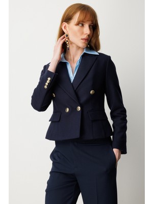 Ekol Kadın Kruvaze Yaka Kaşe Ceket 5073 Lacivert