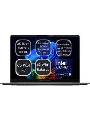 Asus Expertbook P5 Intel® Core™ Ultra 5 226V 16GB Ram 512GB SSD Laptop 14" 2k Wuxga Freedos Taşınabilir Bilgisayar  P5405CSA-I516512S0D