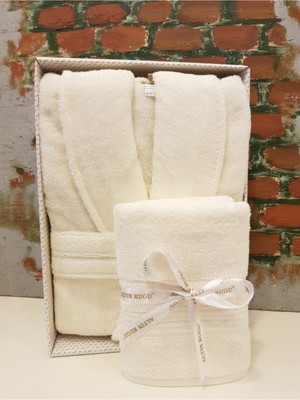 Trendy Şalyaka Bornoz + Baş Havlusu-Krem