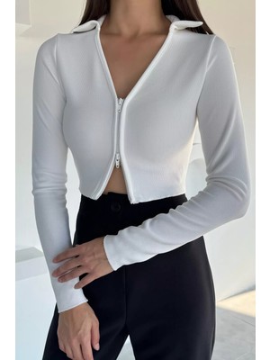 Çift Fermuarlı Crop Top Kadın Bluz P-00018511