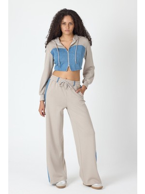 Whatsup Denim Detaylı Kapşonlu Crop Eşofman Takım - Mavi-Bej Mavi-Bej - S