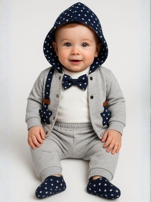 Erkek Bebek Papyonlu Hırkalı 3'lü Eşofman Takımı