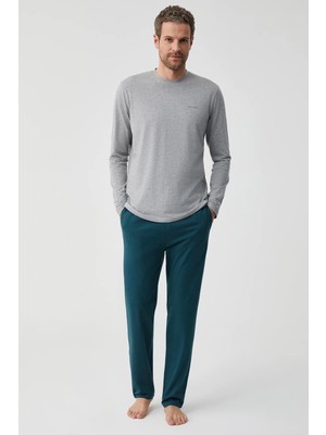 Yumuşak Dokulu Erkek Uzun Kollu 0 Yaka Pijama Takımı Gri FT701