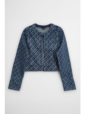 Kadın Modern Desenli Önü Açık Jean Ceket