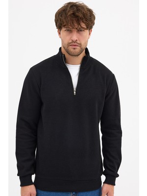 Erkek Siyah Standart Fit Normal Kesim Pamuklu Yarım Fermuarlı Dik Yaka Pamuklu Sweatshirt