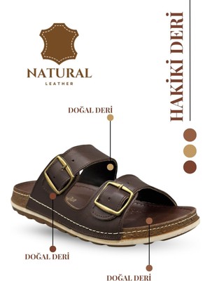 Hakiki Deri Erkek Terlik Çift Cırt Bantlı Ortopedik Rahat Taban Günlük Terlik Tm Kahve