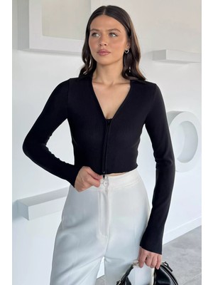 Çift Fermuarlı Crop Top Kadın Bluz P-00018511