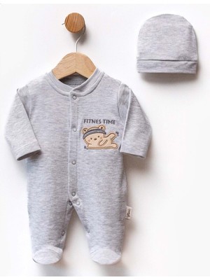 Fıtness Tıme Nakışlı Şapkalı Patikli Penye Tulum - Gri - 56 cm -1 Ay - FLE252361-GRI-56 cm -1 Ay Gri