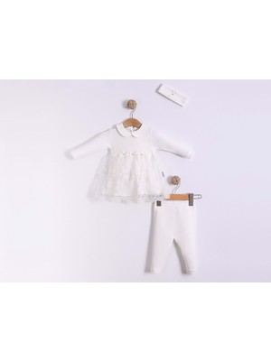 Bandanalı Tüllü Bebe Yaka Penye Alt Üst Takım  - Ekru - 6 Ay - FND41149-EKRU-6 Ay Ekru