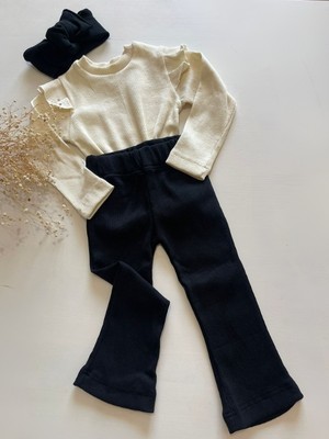 Özge Başaran Kız Çocuk 3'lü Set.  Krem Uzun Kollu Badi + Siyah Tayt + Saç Bandı