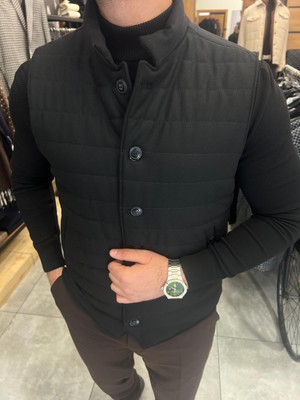 Düğmeli Şişme Süveter (Triko Detaylı Yelek)