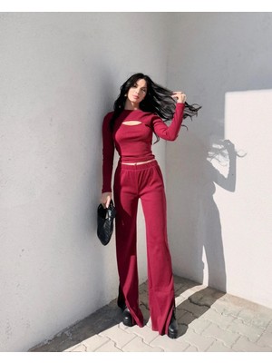 Pencereli Detaylı Alt Üst Takım Bordo W3864