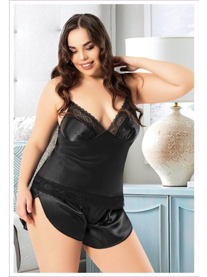 4226 Siyah Büyük Beden Dantelli Ip Askılı Sexy Saten Şortlu Gecelik