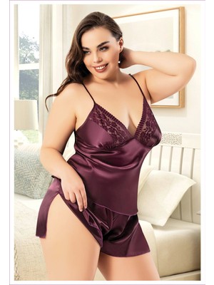 Miss Laris 4237 Mor Büyük Beden Dantelli Ip Askılı Sexy Saten Şortlu Gecelik