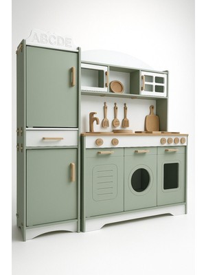 Ihlamur Yeşili Ahşap Oyuncak Mutfak Seti | 12 Parça Aksesuar Hediyeli | LED Işıklı–montessori Uyumlu