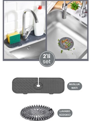 2’li Lavabo Matı ve Süzgeç Seti, Musluk Sünger Matı + Süzgeçli Banyo Küvet Evye Tıkacı Gider Kapağı