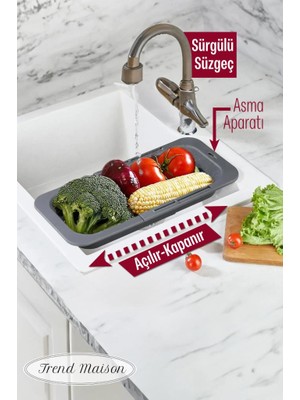 Trend Maison Sürgülü Ayarlanabilir Pratik Lavabo Süzgeci, Uzun Kısa Ayarlı Evye, Meyve Sebze Salata Yıkama Gri