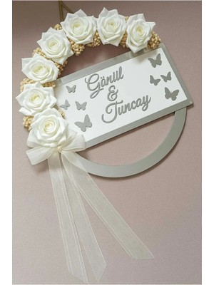 Nazar Dualı Ahşap Kapı Süsü Güllü Lüx Duvar Süsü Duvar Dekoru Gri