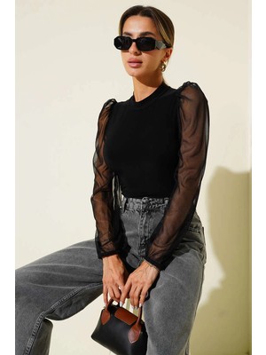 Dik Yaka Tül Kollu Bluz Siyah T3066