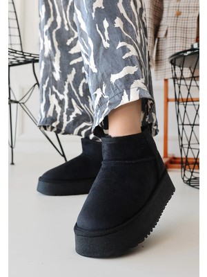 Pazarella Linne Siyah Süet Bot 4 cm Topuklu Rahat Yürüyüş İçin Şık Tasarım Kadın Ayakkabı