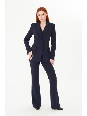 Lacivert Blazer Ceket Flare Pantolon Takım – Kadın Şık Ofis Stili Yüksek Bel Alt Üst Kombin