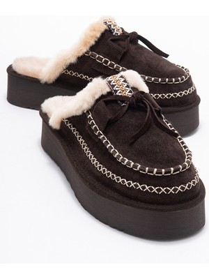 Yalına Kahverengi Süet Hakiki Deri Dikişli Kürklü Kadın Platform Tabanlı Makosen Terlik