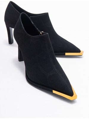 Sona Siyah Desenli Altın Detaylı Fermuarlı Kadın Bilekte Topuklu Ayakkabı