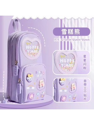 Kawai Sırt Çantası Görürnümlü 3dsticker Simli Mor Renk Kore Çok Bölmeli Büyük Kalemlik Kalem Kutu