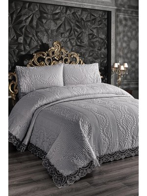 Simirna Dantell Kapitoneli Ultrasonik Çift Kişilik Yatak Örtüsü Gri