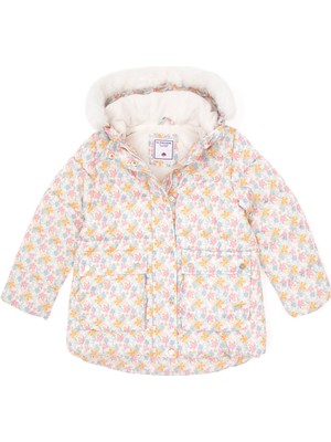 U.S. Polo Assn. Kız Çocuk Krem Çiçek Desenli İçi Polar Kapüşonlu Mont 50313063-VR256