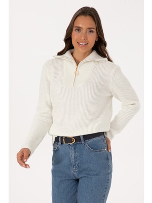 U.S. Polo Assn. Kadın Krem V Yaka Fermuarlı Kazak 50308331-VR256