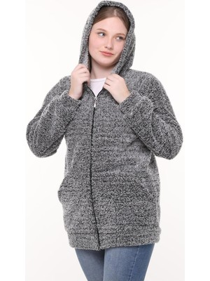 Kapüşonlu Welsoft Peluş Gri Hırka - Cepli Kapüşonlu Fermuarlı Kışlık Peluş Gri Hırka Ceket