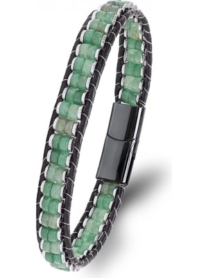 Moncuk Design Yeşil Aventurin & Hematit Çelik Örgülü Deri Bileklik 33512B22D5