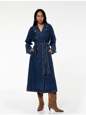 Koton Düğmeli Kemer Detaylı Kruvaze Yaka Uzun Denim Ceket