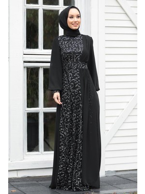 Neva Style Pul Payetli Gümüş Tesettür Abiye Elbise 5408GMS