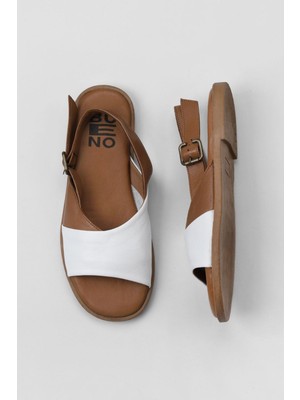 Bueno Shoes Beyaz Kahve Deri Kadın Düz Sandalet 01WY2015 01WY2015