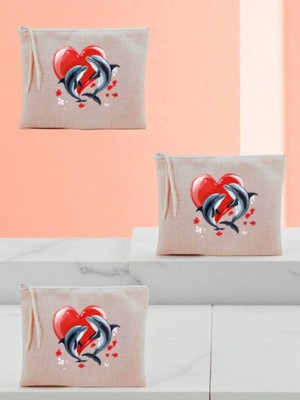 Lili Hediyelik Kalp ve Yunus Baskılı 3'lü Makyaj Çantası 20X25 cm - Kadın Doğum Günü Hediyesi Kadın Hediye Ürün