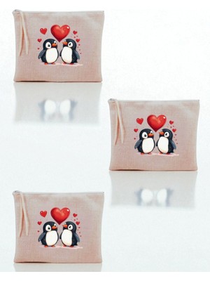 Lili Hediyelik Kalp ve Köpek Baskılı 3'lü Makyaj Çantası 20X25 cm - Kadın Doğum Günü Hediyesi Kadın Hediye Ürün