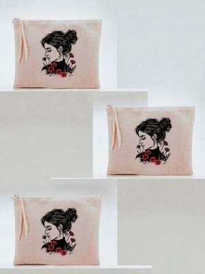 Lili Hediyelik Çiçekli Kadın Baskılı 3'lü Makyaj Çantası 20X25 cm - Kadın Doğum Günü Hediyesi Kadın Hediye Ürün