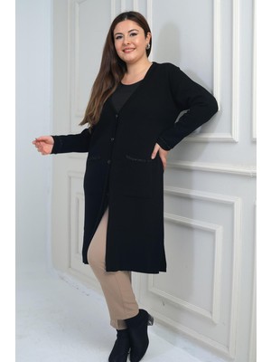 By Saygı Kadın  Cepleri Şerit Detaylı Büyük Beden Uzun Triko Hırka