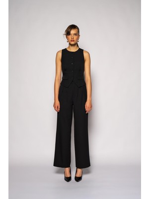 Thalure Kadın Siyah Bisiklet Yaka Çift Cepli Fit Yelek