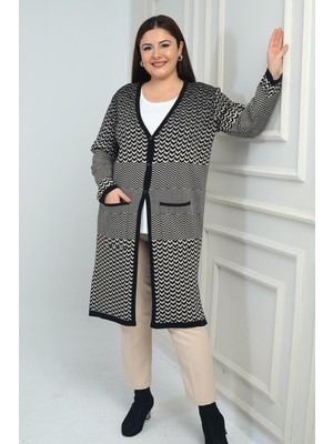 By Saygı Kadın Balıksırtı Desenli Cepli Büyük Beden Uzun Triko Hırka