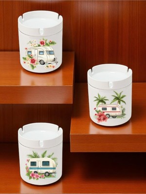 Lili Hediyelik Karavan ve Çiçek Baskılı 3'lü Seramik Küllük Kül Tablası - Erkek Kadın Için Doğum Günü Hediyesi