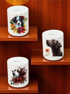 Lili Hediyelik Köpek ve Çiçek Deseni Baskılı 3'lü Seramik Kumbara