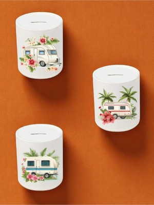 Lili Hediyelik Karavan ve Çiçek Deseni Baskılı 3'lü Seramik Kumbara