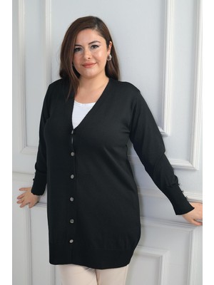 By Saygı Kadın Kolları Düğme Detaylı Soğuk Iplik Büyük Beden Uzun Hırka